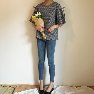 Gingham Elbow-sleeve Top