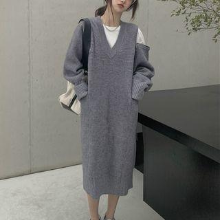 V-neck Midi Sweater Dress Gray - One Size