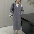 V-neck Midi Sweater Dress Gray - One Size