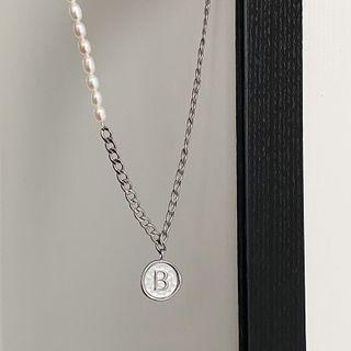 Lettering Pendant Freshwater Pearl Necklace 1 Pc - Silver - One Size