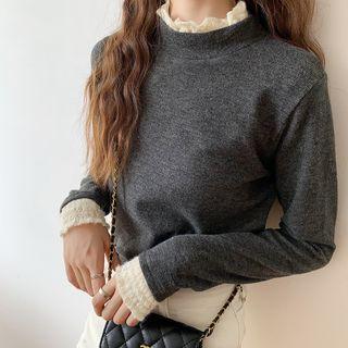 Mock-neck Lace Trim Long-sleeve T-shirt