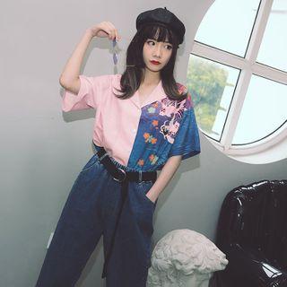 Asymmetric Printed Short-sleeve Blouse