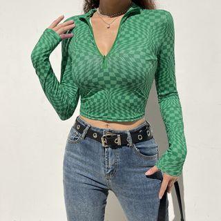 Long-sleeve Half-zip Check Crop Top