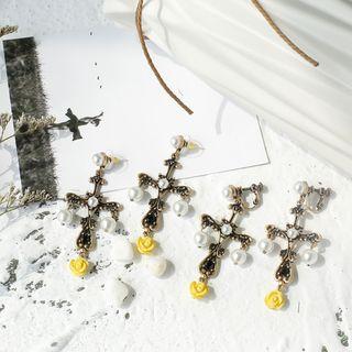 Faux Pearl Floral Cross Dangle Earring