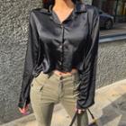 Bell-sleeve Cropped Satin Blouse