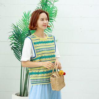 Pattern Knit Vest Overlay T-shirt