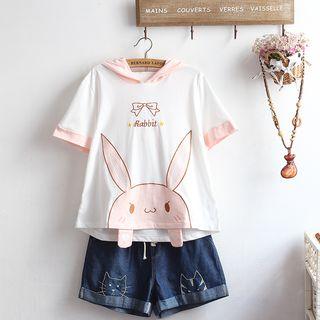 Set: Short-sleeve Rabbit Print T-shirt + Denim Shorts