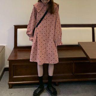Long-sleeve Dotted Wide-collar A-line Shirtdress Pink - One Size