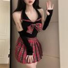 Bow Accent Halter Top / Fingerless Gloves / Plaid Mini Pleated Skirt / Set