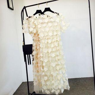 Set: Short-sleeve Flower-accent Midi A-line Dress + Slipdress