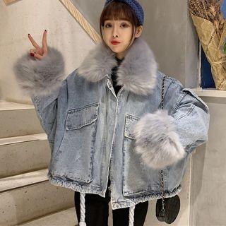 Furry Trim Washed Denim Jacket