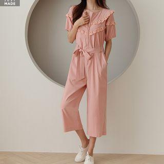 Zip-up Lace-trim Jumpsuit With Sash