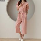 Zip-up Lace-trim Jumpsuit With Sash
