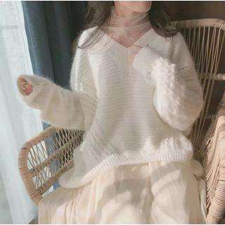 V-neck Sweater / Mesh A-line Skirt / Set