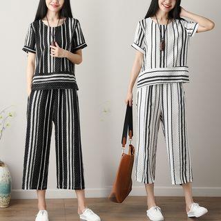 Set: Short-sleeve Striped Top + Cropped Wide-leg Pants