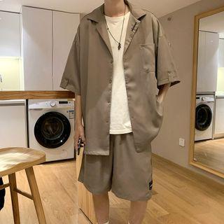 Embroider Letter Button-up Blazer / High-waist Plain Straight-cut Shorts