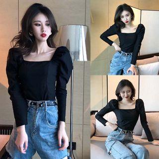 Square-neck Puff-sleeve Blouse Black - One Size