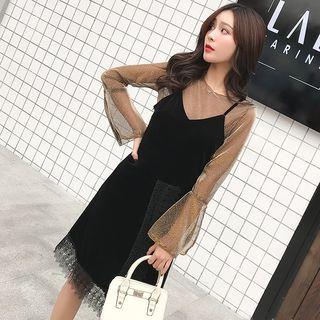 Set: Spaghetti Strap Lace-trim Dress + Long-sleeve Sheer Top
