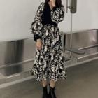 Print Long-sleeve Midi A-line Dress Floral - Black & White - One Size