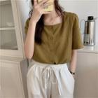 Short-sleeve Buttoned Square-neck Blouse