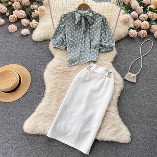 Set: Puff-sleeve Tie-neck Dotted Blouse + Midi Pencil Skirt