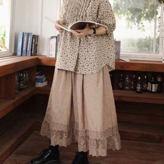 Lace Panel Midi A-line Skirt Milky Coffee - One Size