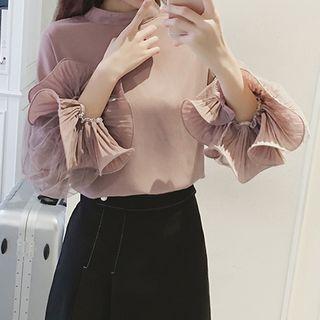 Bell-sleeve Mesh Panel Chiffon Top