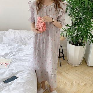 Bell-sleeve Ruffled Heart Print Sleep Dress