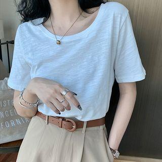 Short-sleeve Scoop Hem Plain Slub T-shirt