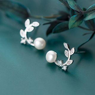 925 Sterling Silver Faux Pearl Rhinestone Branches Earring 1 Pair - S925 Silver - One Size