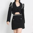 Set: Rhinestone Cropped Blazer + Mini A-line Skirt Set Of 2 - Blazer & Skirt - Black - L