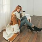 Drawcord-waist Faux-shearling Coat Beige - One Size