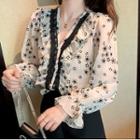 Long-sleeve V-neck Flower Print Lace Ruffle Trim Sheer Blouse