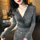 Glittered Knot V-neck Long-sleeve Slim-fit Top