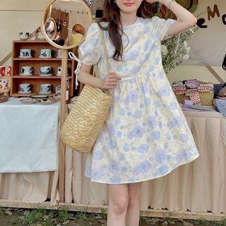 Short-sleeve Floral Print Mini A-line Dress Blue Flowers - Almond - One Size