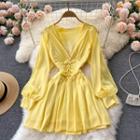 Plain V-neck Cutout Long-sleeve Dress
