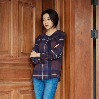 Check Pattern Long-sleeve Chiffon Top