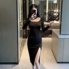 Long-sleeve Mesh Panel Midi Qipao Dress