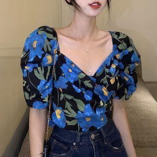 Puff-sleeve V-neck Printed Top