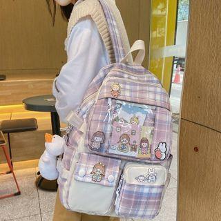 Set: Plaid Pvc Panel Backpack + Bag Charm