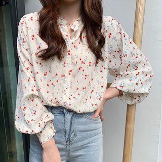 Long-sleeve Plain / Floral Loose-fit Blouse