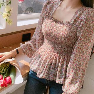 Smocked Floral Blouse Ivory - One Size