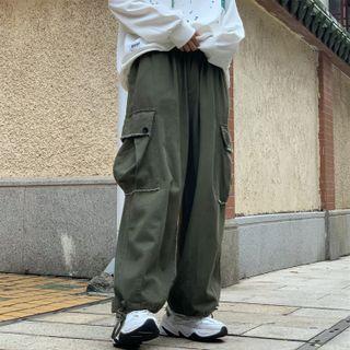 Elastic-waist Wide Leg Plain Pocket Detail Jogger Pants