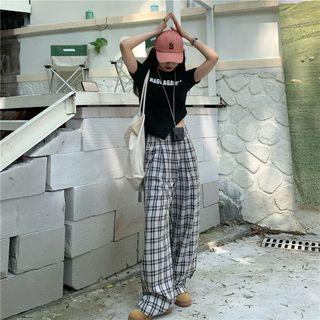 Plaid Wide-leg Pants / Short-sleeve Lettering Asymmetrical T-shirt