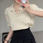 Short-sleeve Cherry Embroidered Polo Knit Top Beige - One Size
