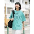 Short-sleeve Chinese Character Print T-shirt Floral - White - One Size