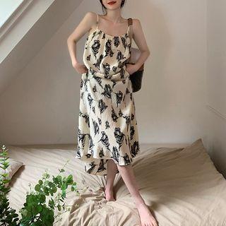 Spaghetti Strap Open-back Flower Printed Dress Black & White - One Size