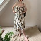 Spaghetti Strap Open-back Flower Printed Dress Black & White - One Size
