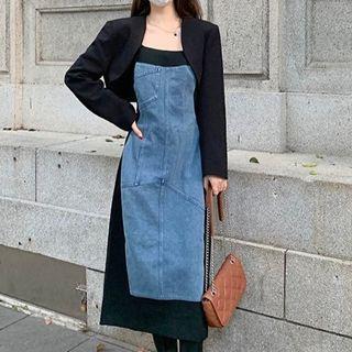 Cropped Blazer / Spaghetti Strap Denim Panel Midi Dress