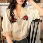 Short-sleeve Rose Embroidery Shirt Top - One Size